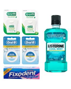 Kit Cuidado Bucal: Hilo Dental, Listerine Y Fixodent